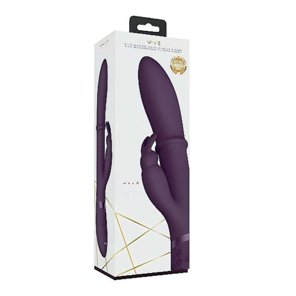 Confezione vibratore rabbit viola VIVE HALO con premio Best of 2022 e design geometrico