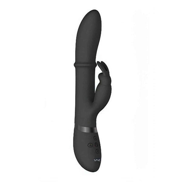 Vibratore rabbit nero in silicone morbido VIVE HALO vista laterale con anello integrato