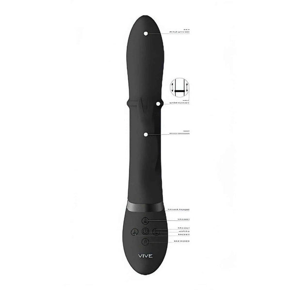 Vibratore rabbit nero VIVE HALO con diagramma tecnico movimento verticale anello