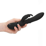 Vibratore rabbit nero in silicone con anello Sali e Scendi, forma ergonomica e logo VIVE