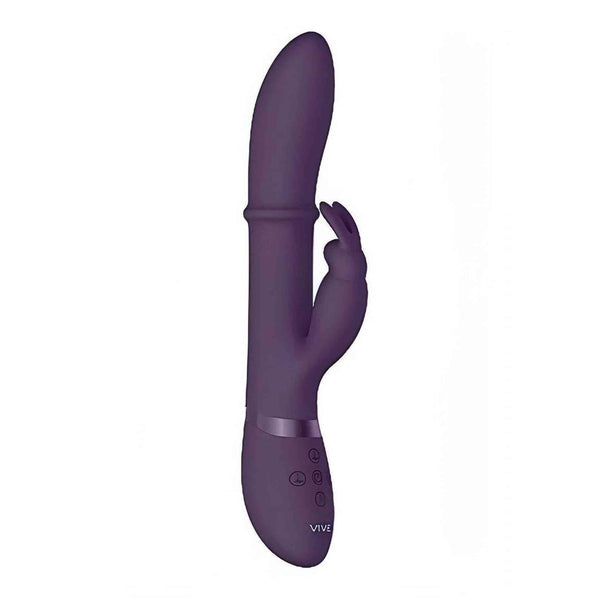 Vibratore rabbit viola scuro VIVE HALO vista laterale con anello interno e braccio esterno