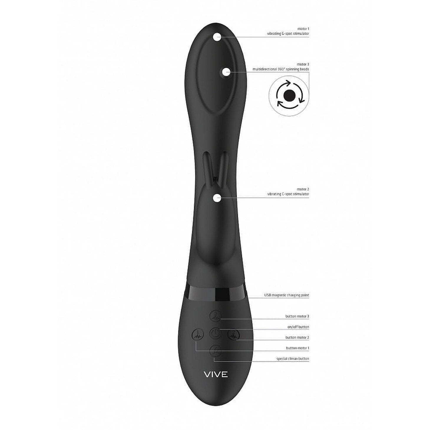 Vibratore Rabbit con pin in movimento multidirezionale a 360° in senso orario e anti-orario - Nero