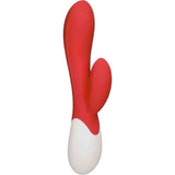Profilo laterale vibratore rabbit rosso e bianco in silicone con asta curva