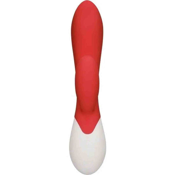 Vista frontale vibratore rabbit rosso e bianco in silicone base bianca