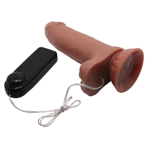 Vibratore pelle 18,5 cm con base scroto e telecomando cavo trasparente