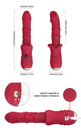 Schema tecnico vibratore rosso con 9 modalità vibrazione e ricarica USB-C magnetica