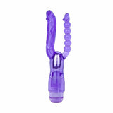 Vibratore anale e vaginale Minx viola traslucido a doppia testa con sfera e superficie liscia, anello regolazione base