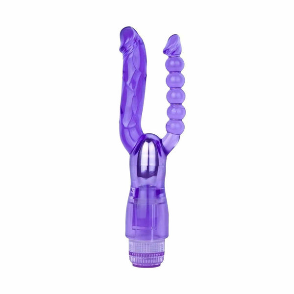 Vibratore anale e vaginale Minx viola traslucido a doppia testa con sfera e superficie liscia, anello regolazione base