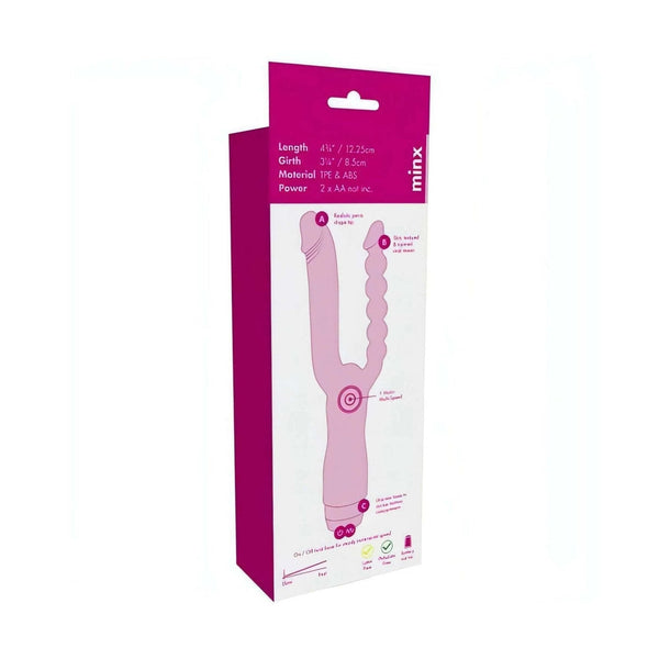 Confezione Minx Extreme Dual Vibrator rosa con illustrazione doppia testa dildo e sfere, specifiche TPE & ABS