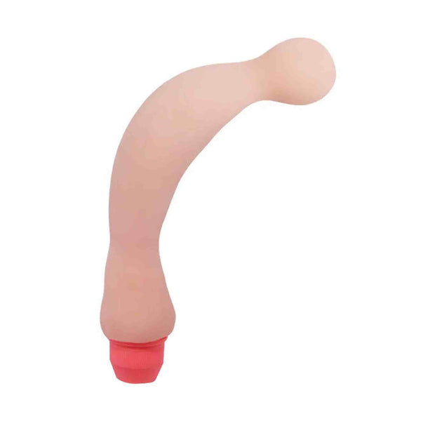 Vibratore flessibile rosa carne con curvatura pronunciata verso l'alto