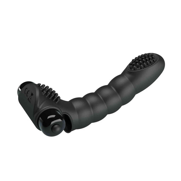 Vibratore da fingering nero in silicone con stimolatore clitorideo e superficie ondulata