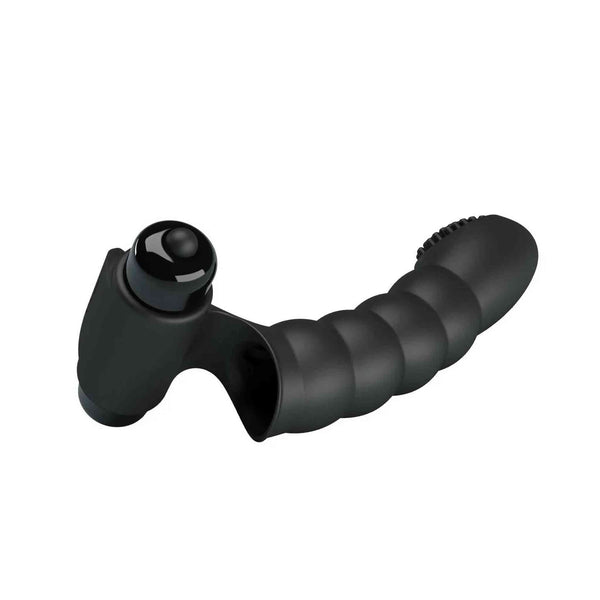 Vibratore da dito nero ergonomico con apertura per dito e pulsanti vibrazione
