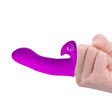 Vibratore da dito viola acceso indossato sul dito con sfera visibile