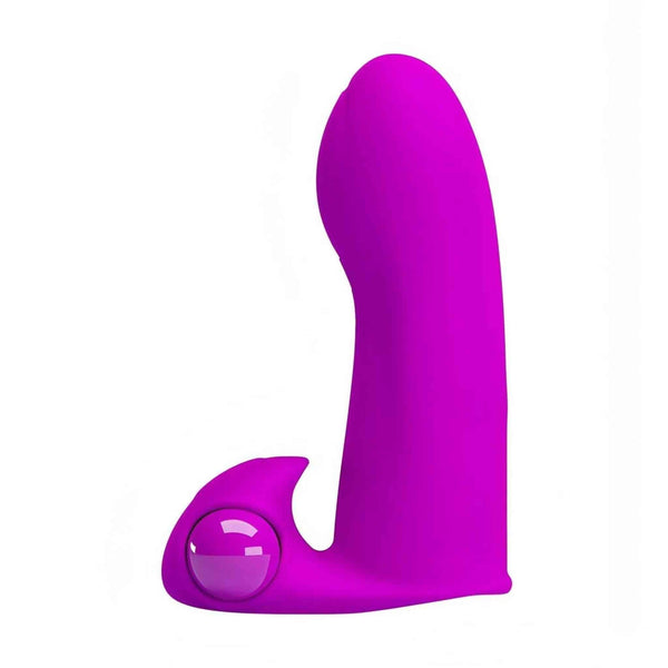 Vibratore da dito viola acceso in silicone morbido vista laterale