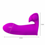 Vibratore da dito viola acceso con sfera di stimolazione e misure