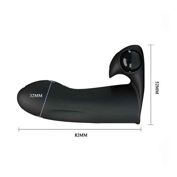 Vibratore da dito nero in silicone con misure e forma ergonomica