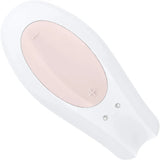Vibratore di coppia in silicone medico bianco con zona rosa e pulsanti metallici