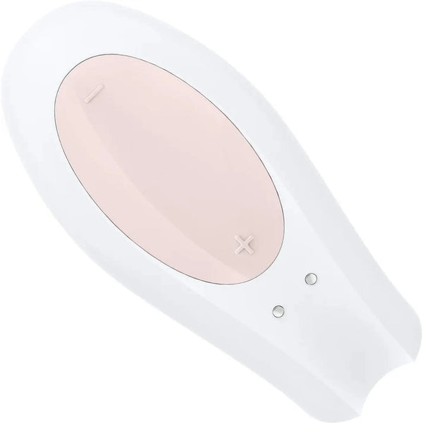 Vibratore di coppia in silicone medico bianco con zona rosa e pulsanti metallici