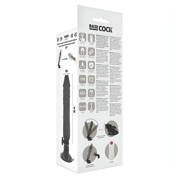Retro confezione vibratore Base Cock con specifiche tecniche e icone materiali