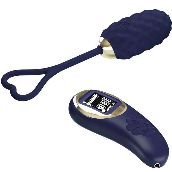 Ovulo vibrante Vivian blu scuro con texture ondulata e manico a cuore