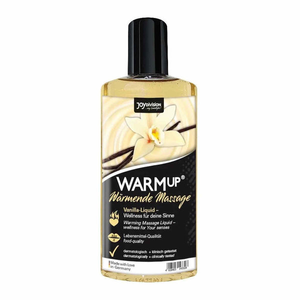 Bottiglia olio massaggio riscaldante WARMup Vanilla 150ml etichetta nera e beige