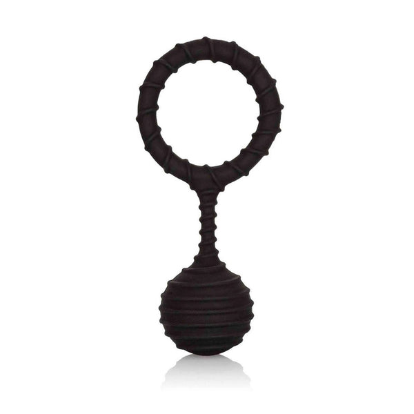 Anello fallico nero Weighted Ring 110g vista frontale con superficie a spirale