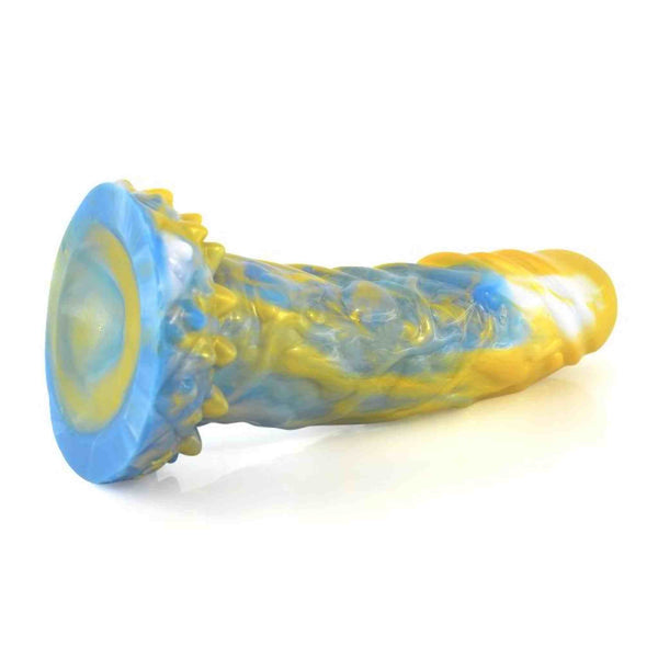 Dildo fantasy orizzontale blu giallo marbled con base dentellata