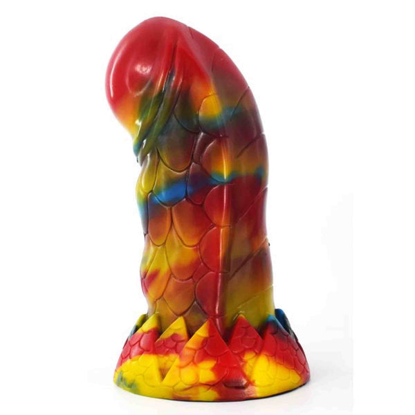 Dildo fantasy multicolore vivace effetto marmorizzato con texture a scaglie e base piediforme