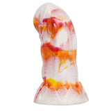 Dildo fantasy multicolore rosa arancione giallo con finitura lucida e dettagli scagliosi