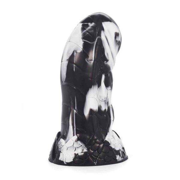 Dildo fantasy nero e bianco marmorizzato con texture a scaglie e base a forma di piede
