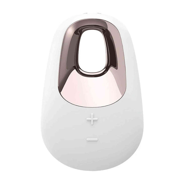 Vista frontale vibratore da posizionamento Satisfyer White Temptation corpo bianco opaco e metallo rosa