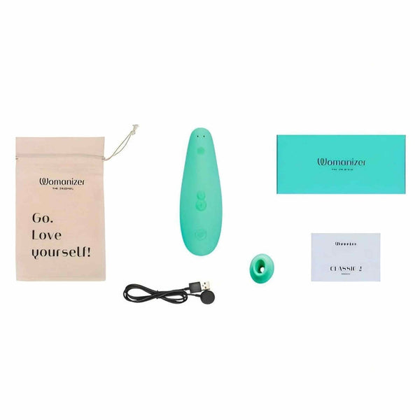 Set completo Womanizer Classic 2 verde acqua con borsa e cavo USB magnetico