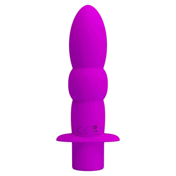 Plug anale viola in silicone con simboli CE e riciclaggio