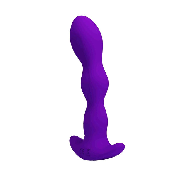 Vista laterale plug anale viola Yale Pretty Love con curva sinuosa e base a V