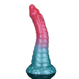 Dildo silicone mostro gradiente rosa blu verde squame vista frontale