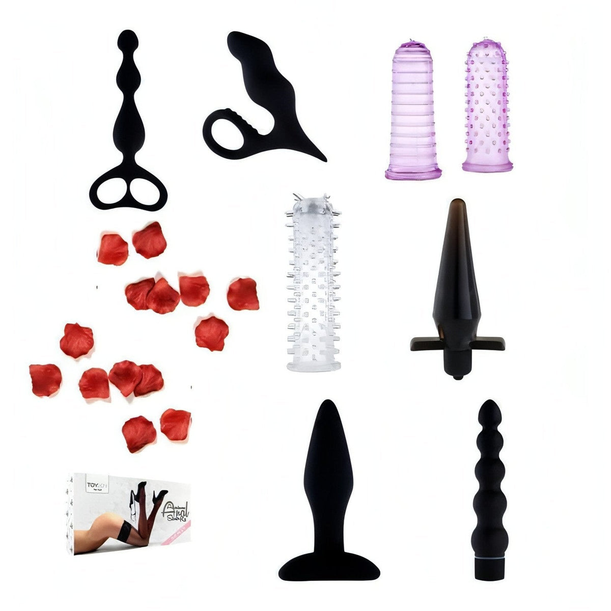 Adventurous Anal Starter Kit - Set di Anal Toys, 8 pezzi, 4 lubrificanti monodose e petali rossi