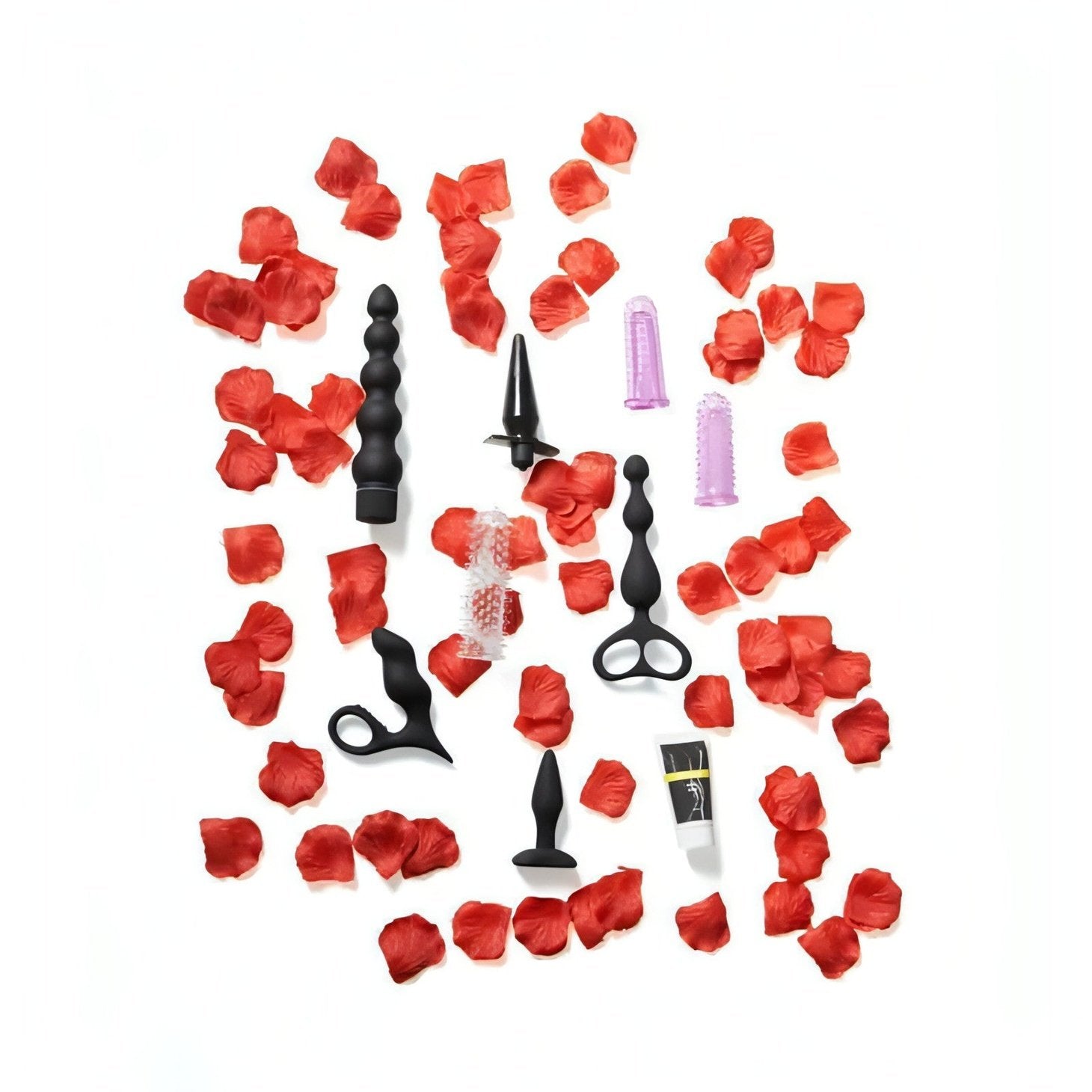 Adventurous Anal Starter Kit - Set di Anal Toys, 8 pezzi, 4 lubrificanti monodose e petali rossi