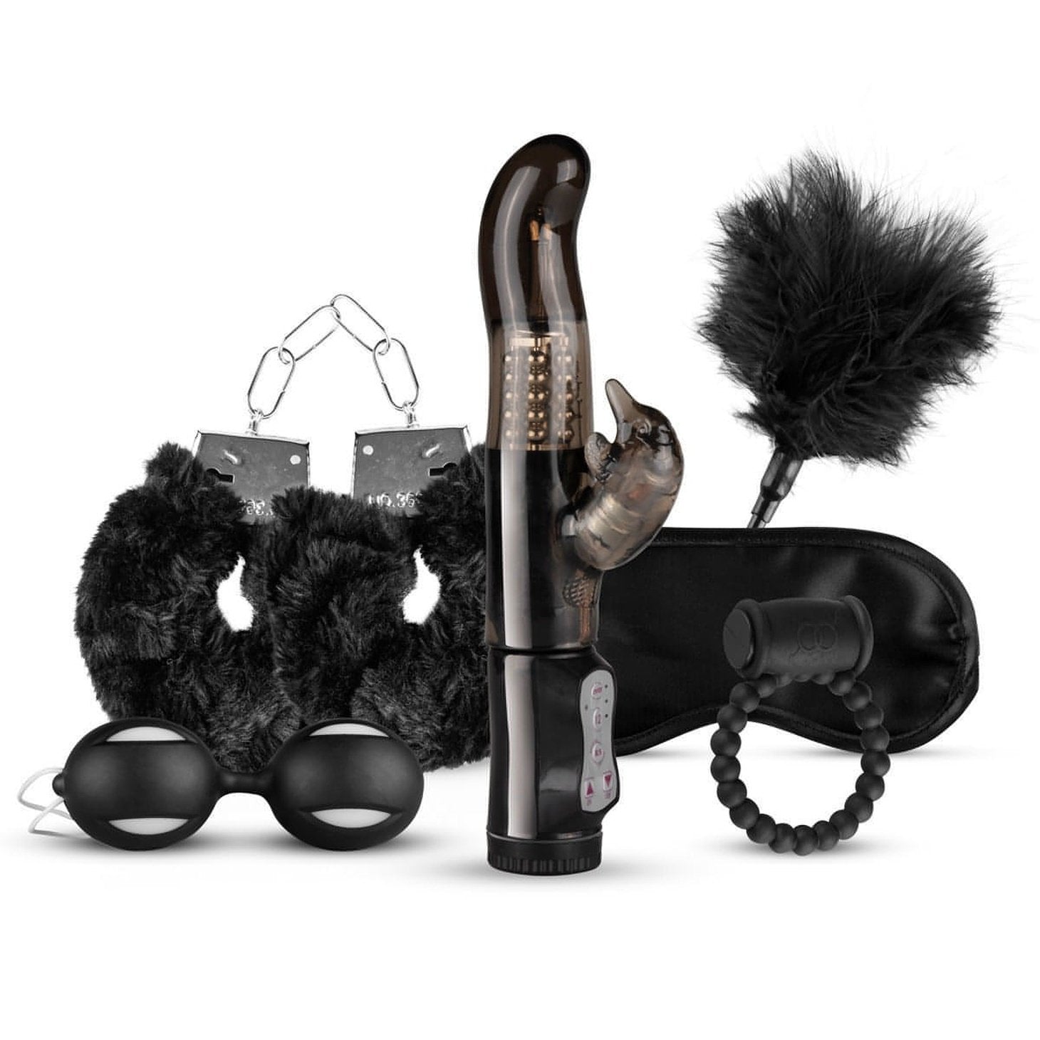 Black Gift Set - Box regalo composto da Vibratore Rabbit, Palline di Kegel, Anello Vibrante, Manette, Benda Setata e Feather Tic