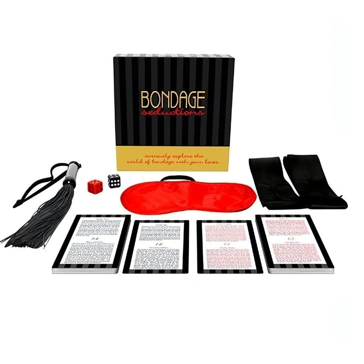 Bondage Seductions - Gioco di coppia con carte, dadi, frustino, benda e 2 polsiere