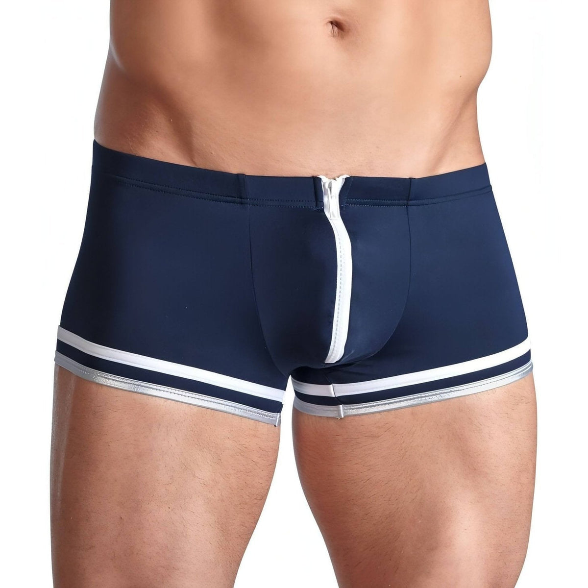 Boxer blue con bordi inferiori bianchi e zip frontale - M