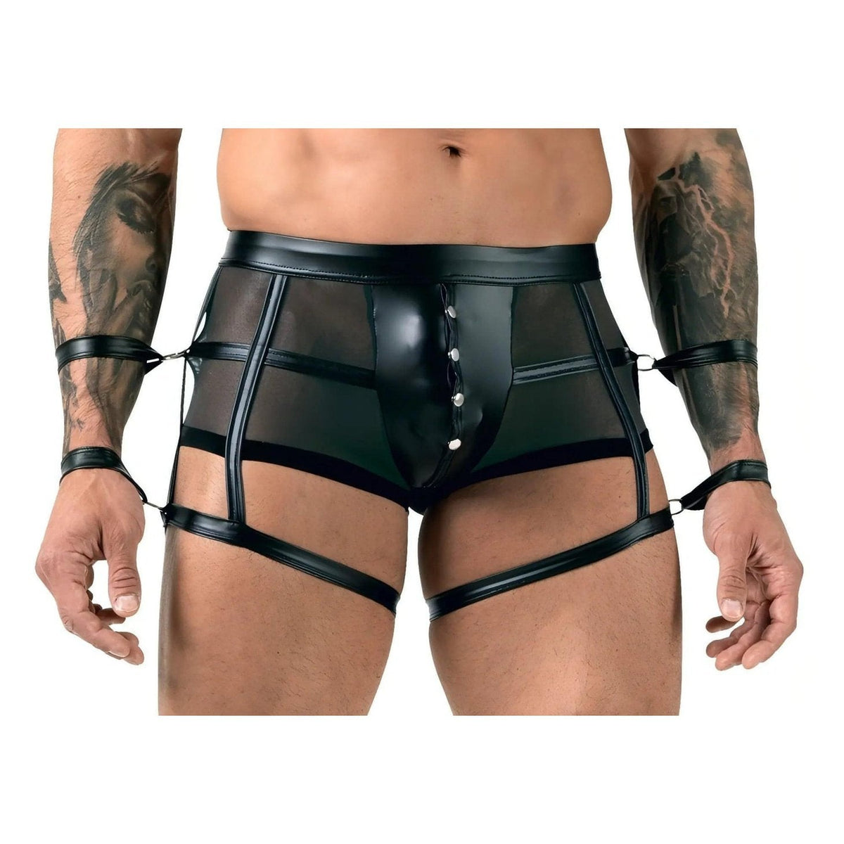 Boxer Sexy Uomo con Stringhe e Polsiere - Nero Lucido con Trasparenze, Taglia M