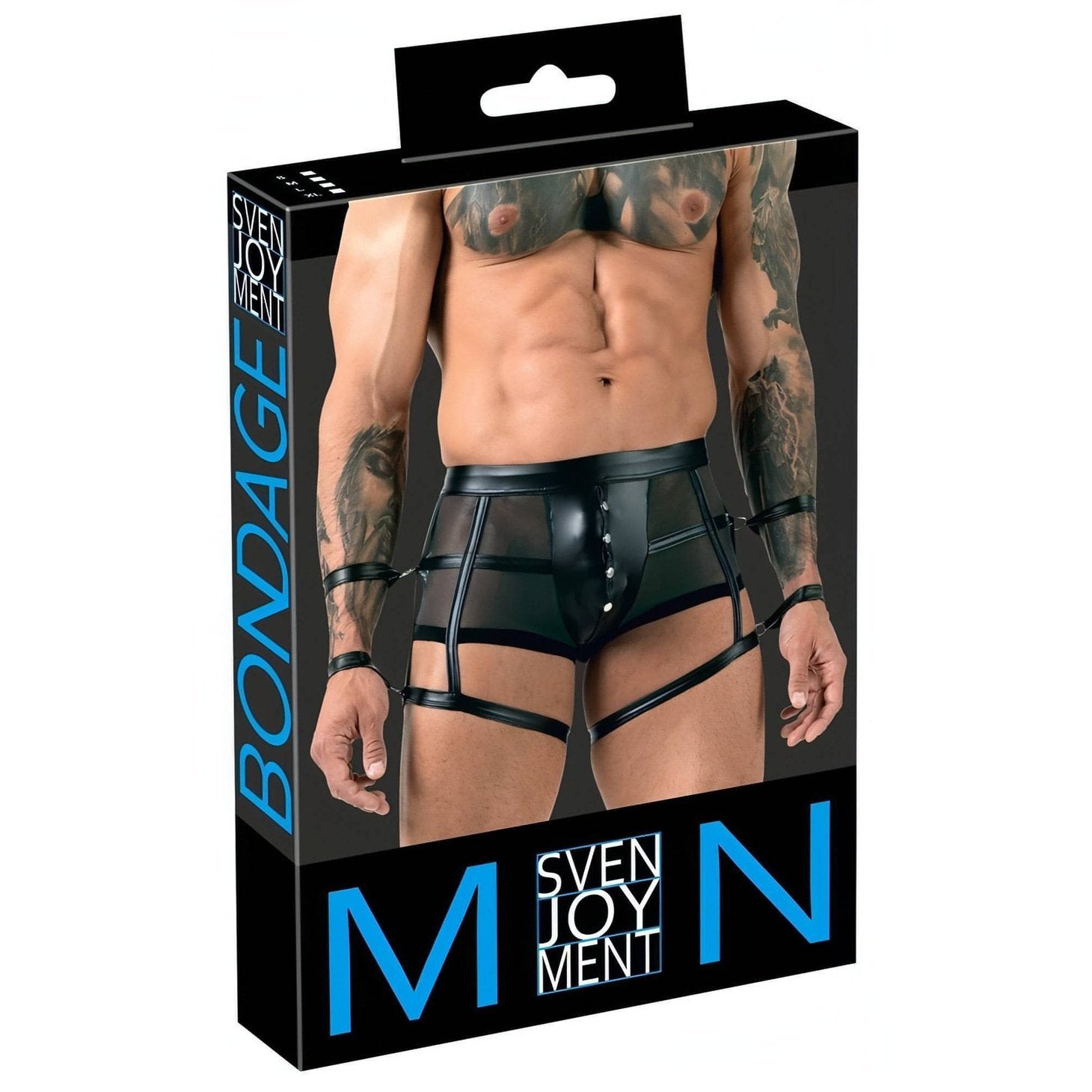 Boxer Sexy Uomo con Stringhe e Polsiere - Nero Lucido con Trasparenze, Taglia M