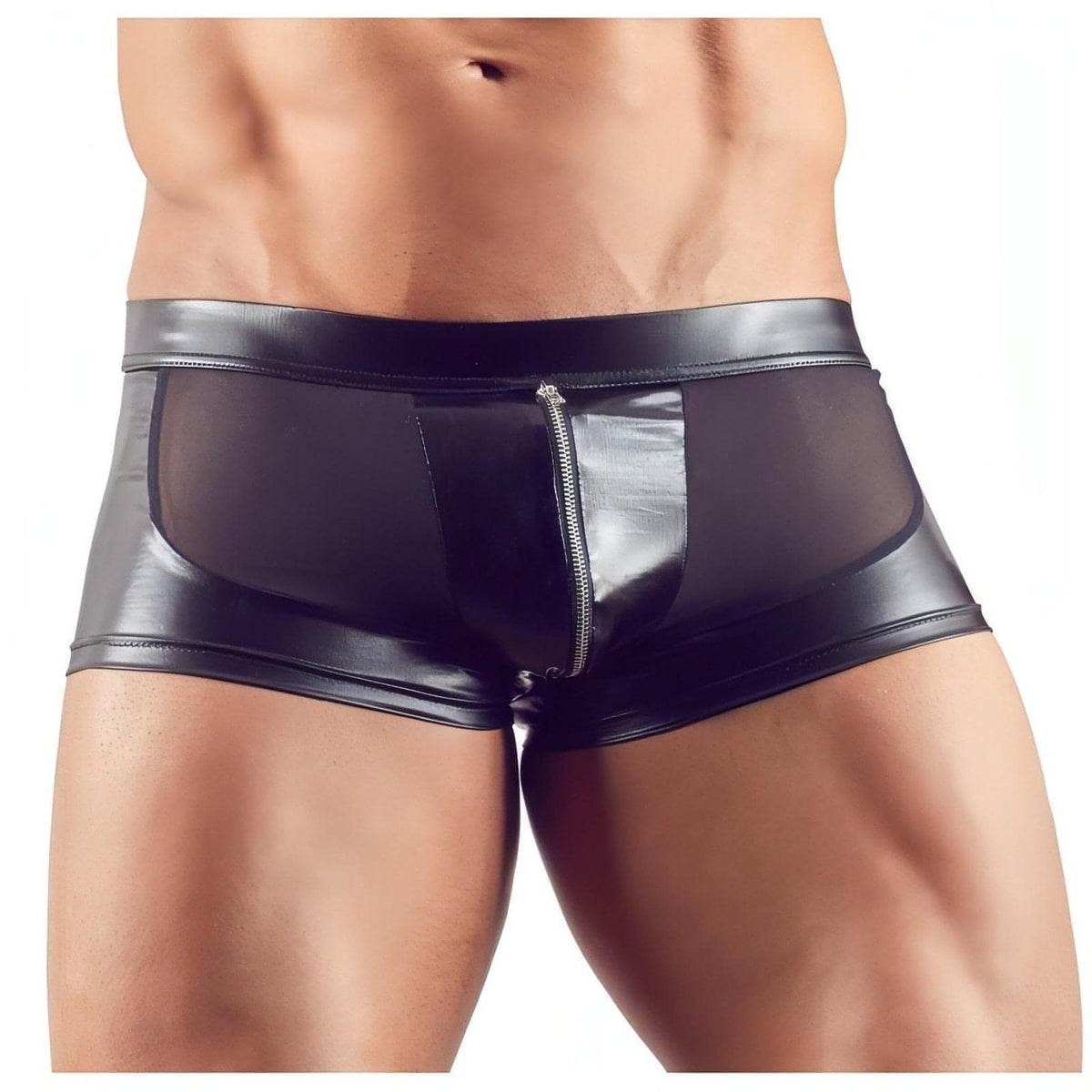 Boxer Uomo Sexy Nero Lucido con Inserti Trasparenti e Zip Frontale - Taglia S