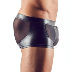 Boxer Uomo Sexy Nero Lucido con Inserti Trasparenti e Zip Frontale - Taglia S