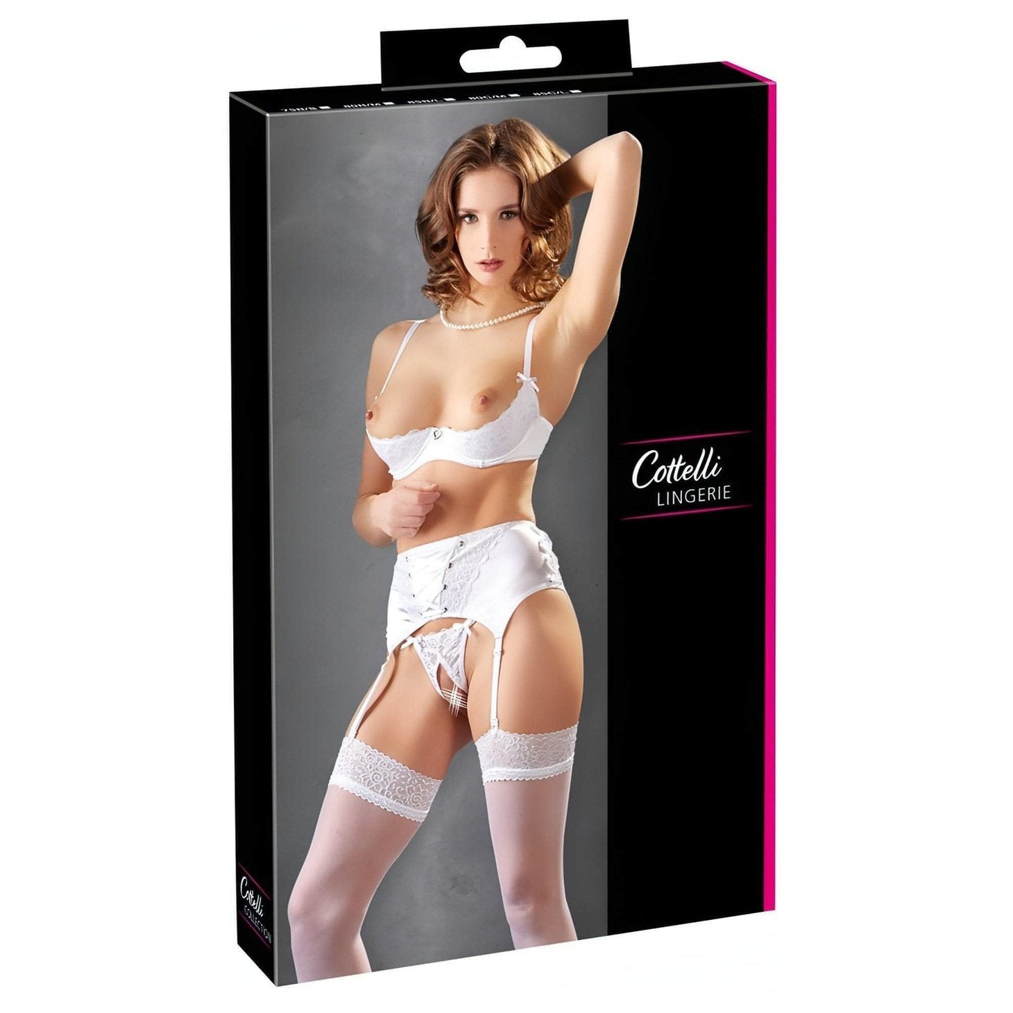 Completino Intimo Sexy 3 Pezzi: Reggiseno a balconcino, reggicalze e perizoma aperto - Bianco, Taglia 80C/M