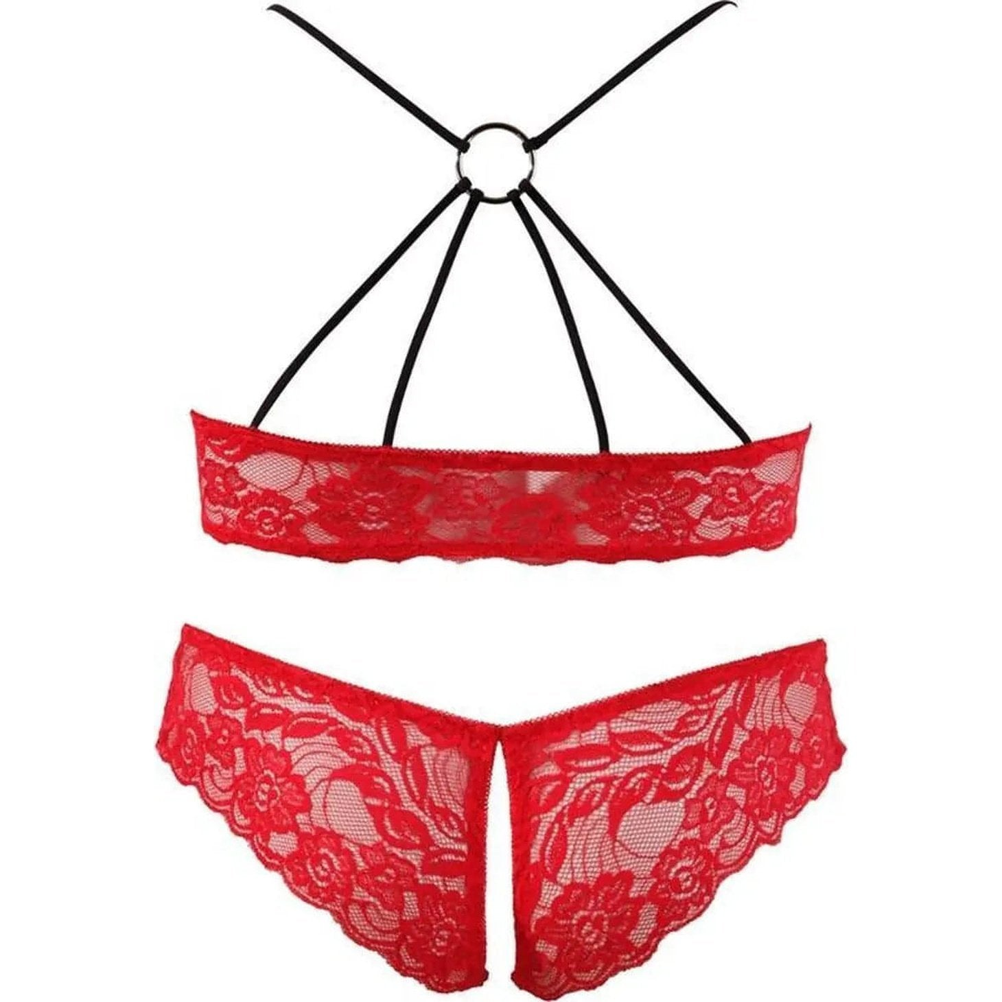 Completino salmone composto da reggiseno e culotte aperta in pizzo - M