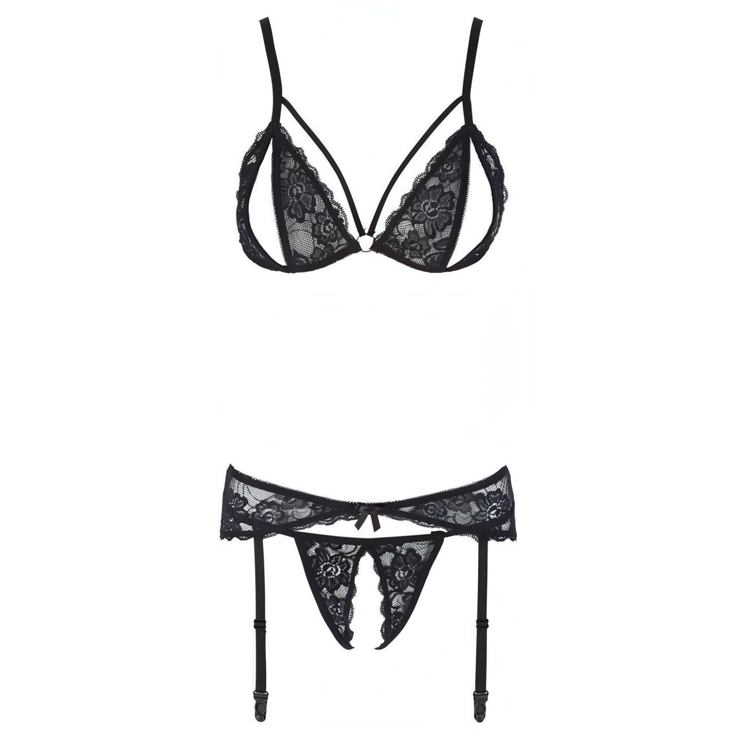 Completino Sexy 3 Pezzi - Reggiseno aperto, reggicalze e perzioma con apertura inguinale - Nero, Taglia S