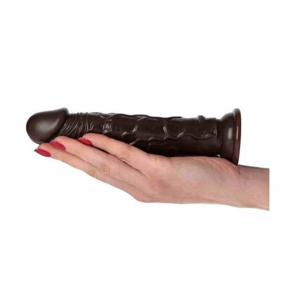 Dildo marrone Amedeo tenuto in mano per mostrare dimensioni reali