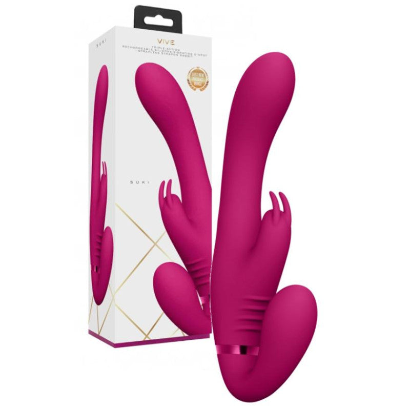 Suki Rabbit Strapon Strapless con 3 diversi motori per stimolazione del punto-G, del clitoride e per chi lo indossa! - Fucsia