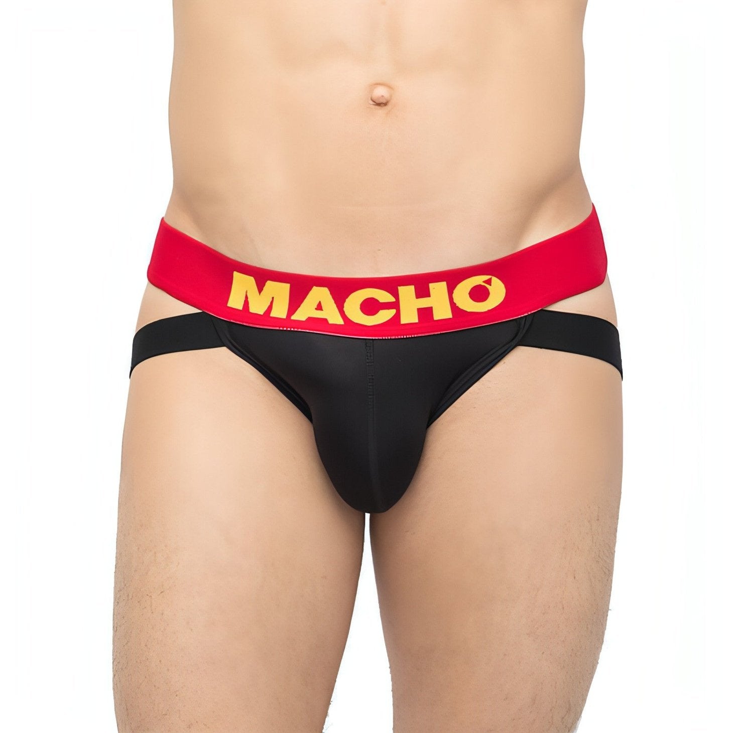 Jock Strap Macho Nero e Rosso con finiture gialle e rosse - Taglia XL